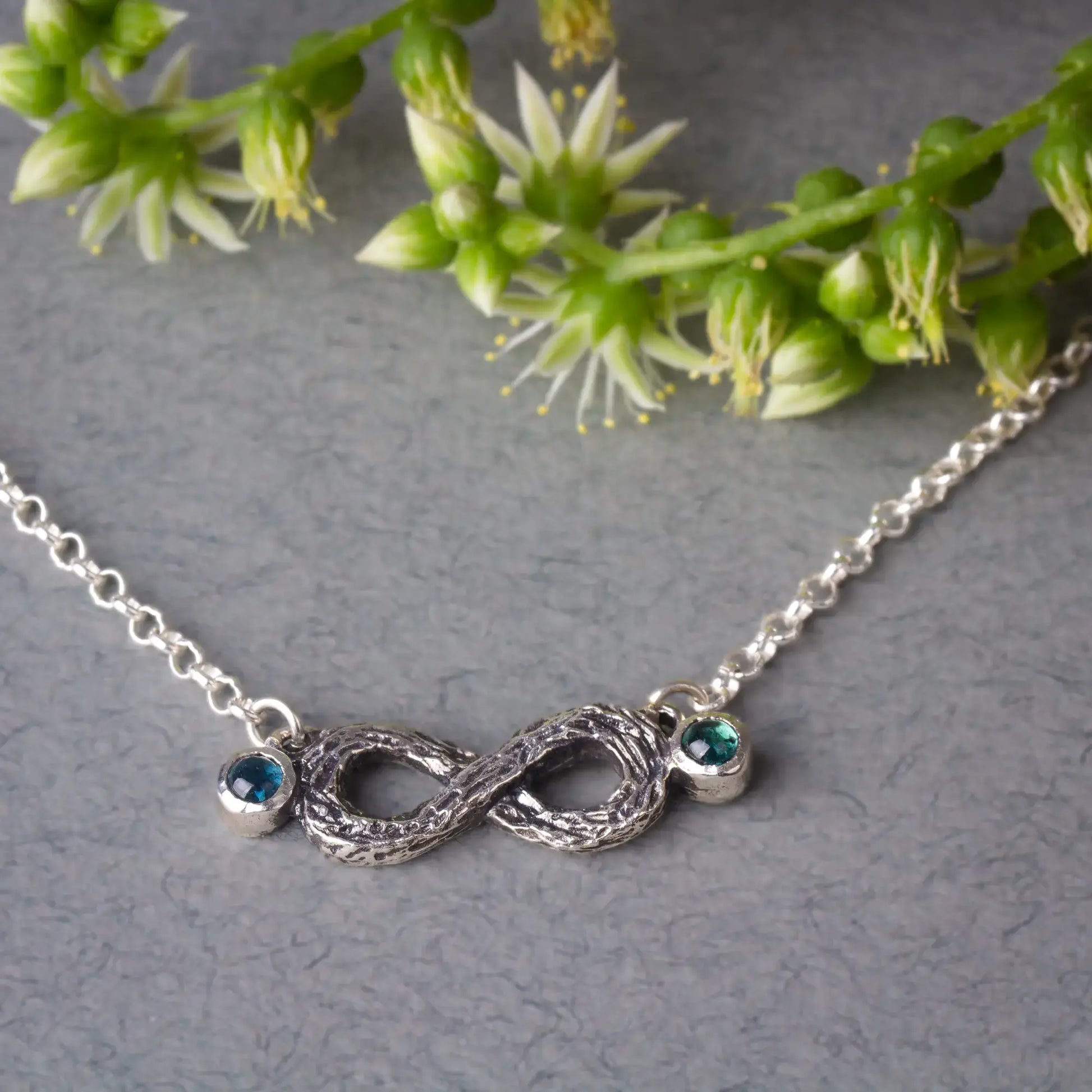 Infinity Twig Silver Pendant necklace with Green Blue Tourmaline, Silver Branch Pendant front view