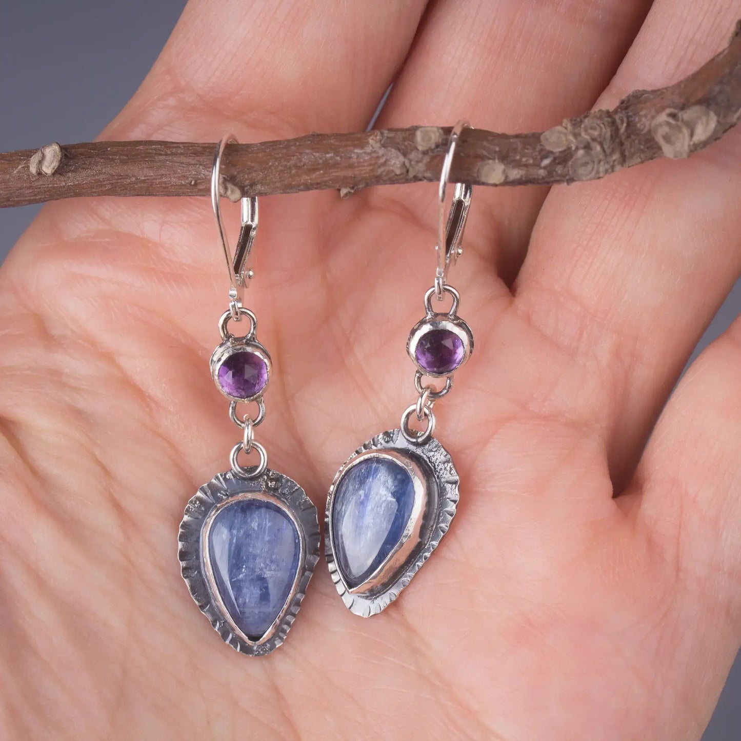 Kyanite and Amethyst Artisan Earrings in Sterling Silver