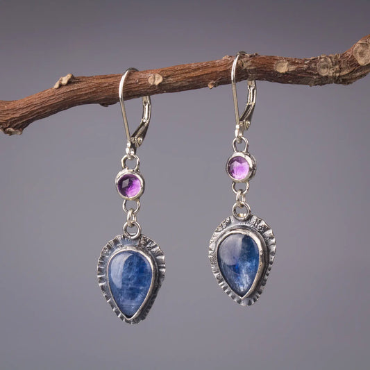  Kyanite and Amethyst Artisan Earrings in Sterling Silver