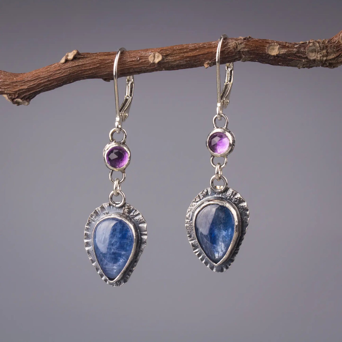 Kyanite and Amethyst Artisan Earrings in Sterling Silver