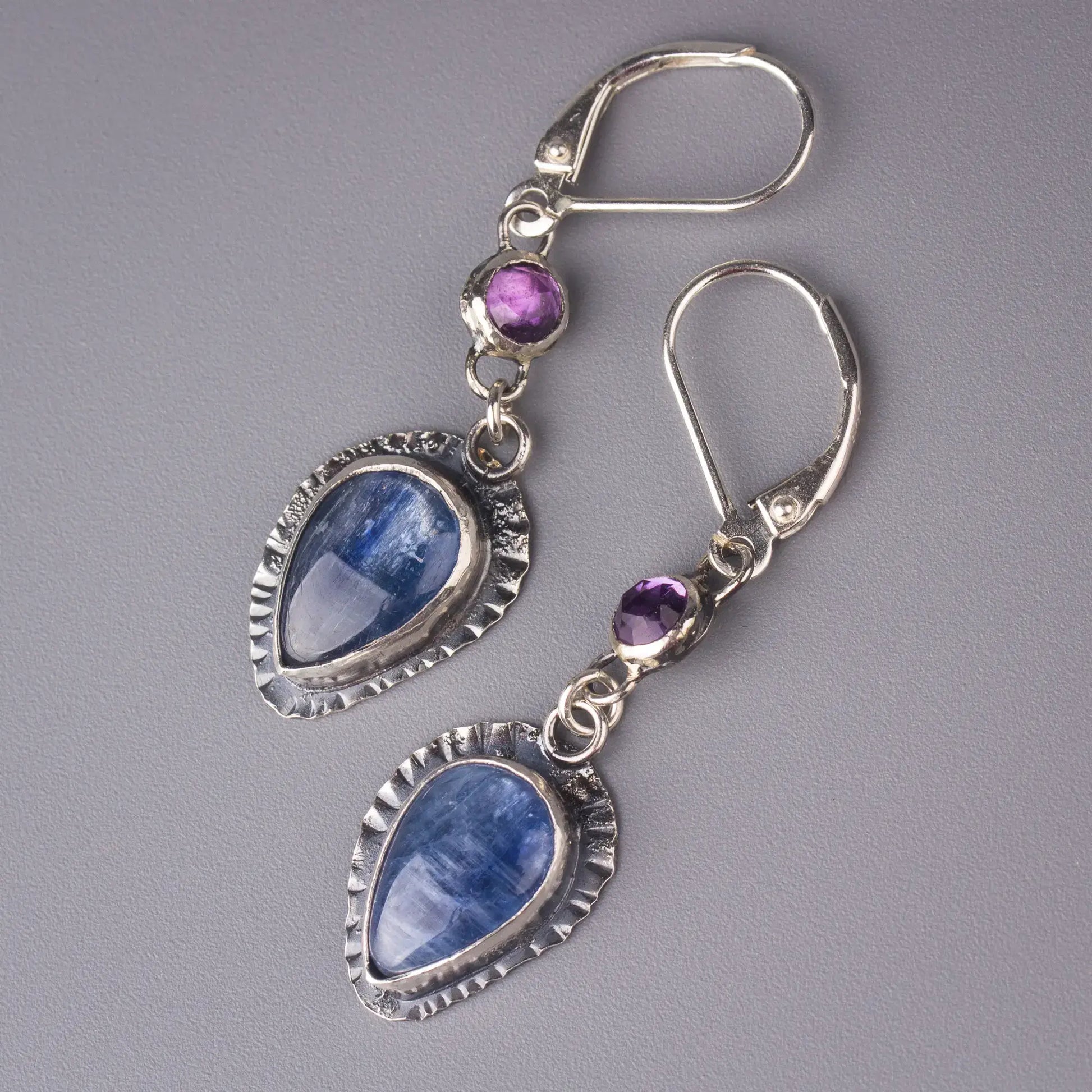 Kyanite and Amethyst Artisan dangle Earrings in Sterling Silver