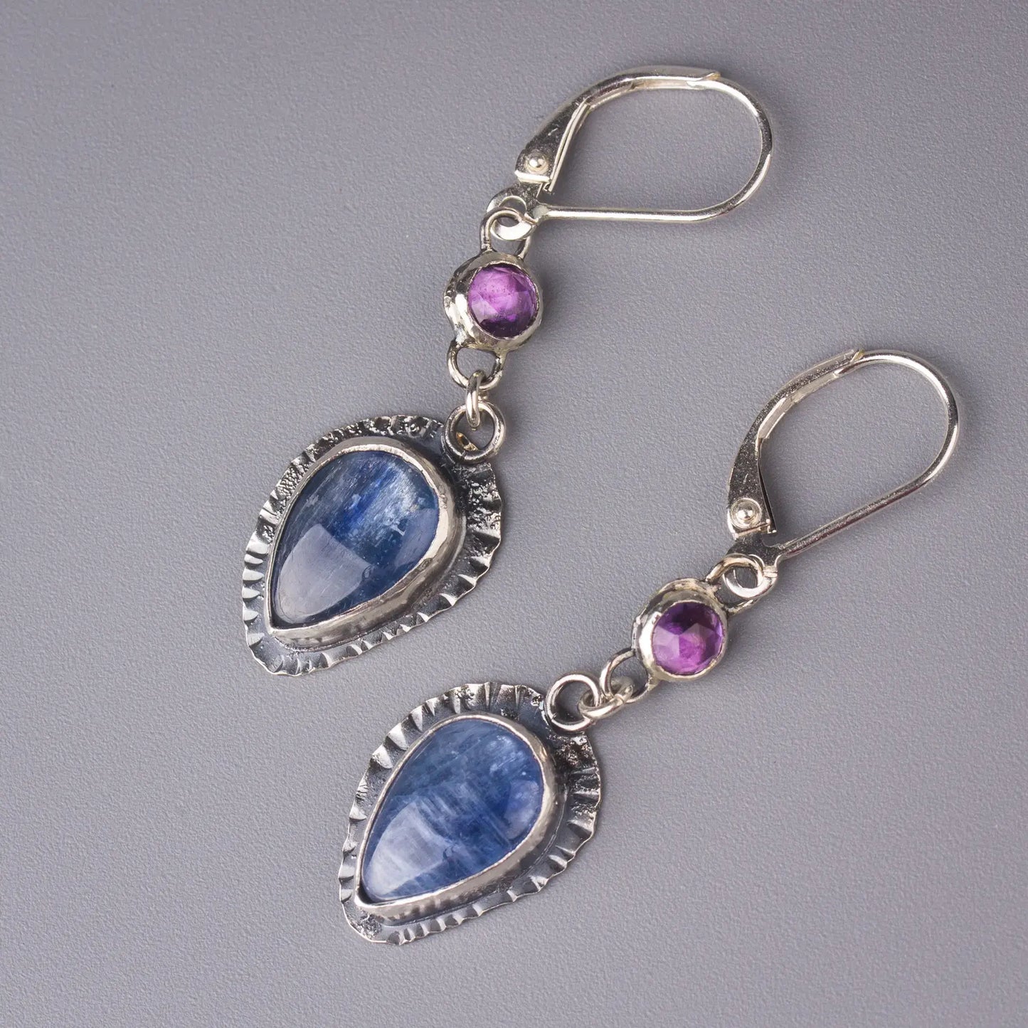 Kyanite and Amethyst Artisan Earrings in Sterling Silver