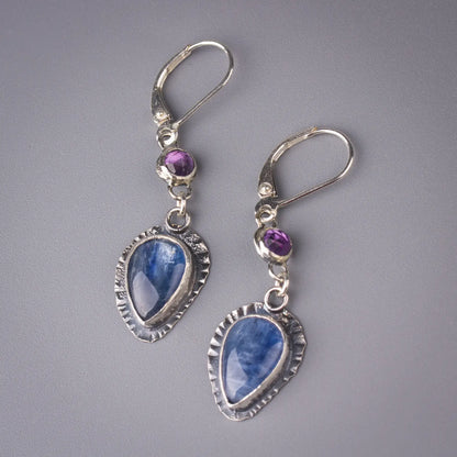 Kyanite and Amethyst Artisan Earrings in Sterling Silver