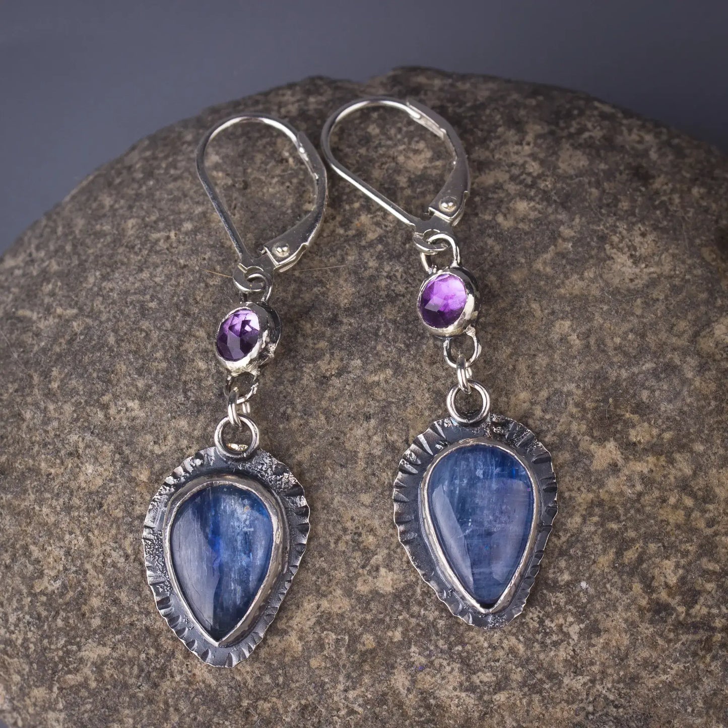 Kyanite and Amethyst Artisan Earrings in Sterling Silver