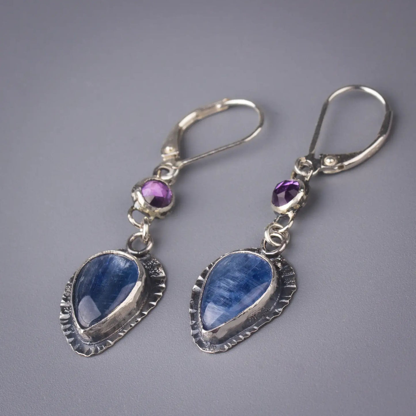 Kyanite and Amethyst Artisan Earrings in Sterling Silver