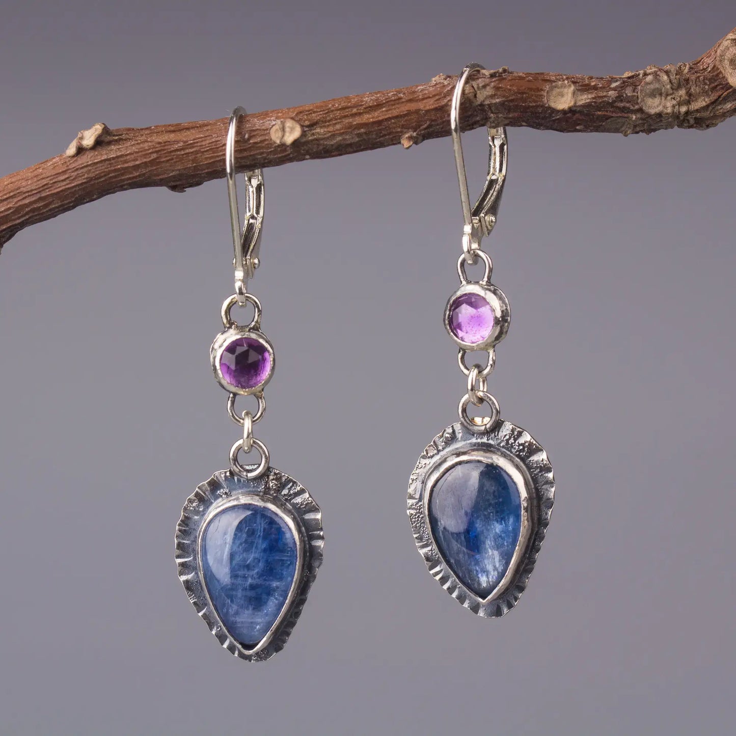 Kyanite and Amethyst Artisan Earrings in Sterling Silver