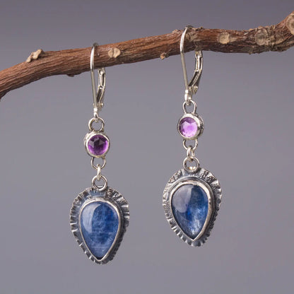 Kyanite and Amethyst Artisan Earrings in Sterling Silver