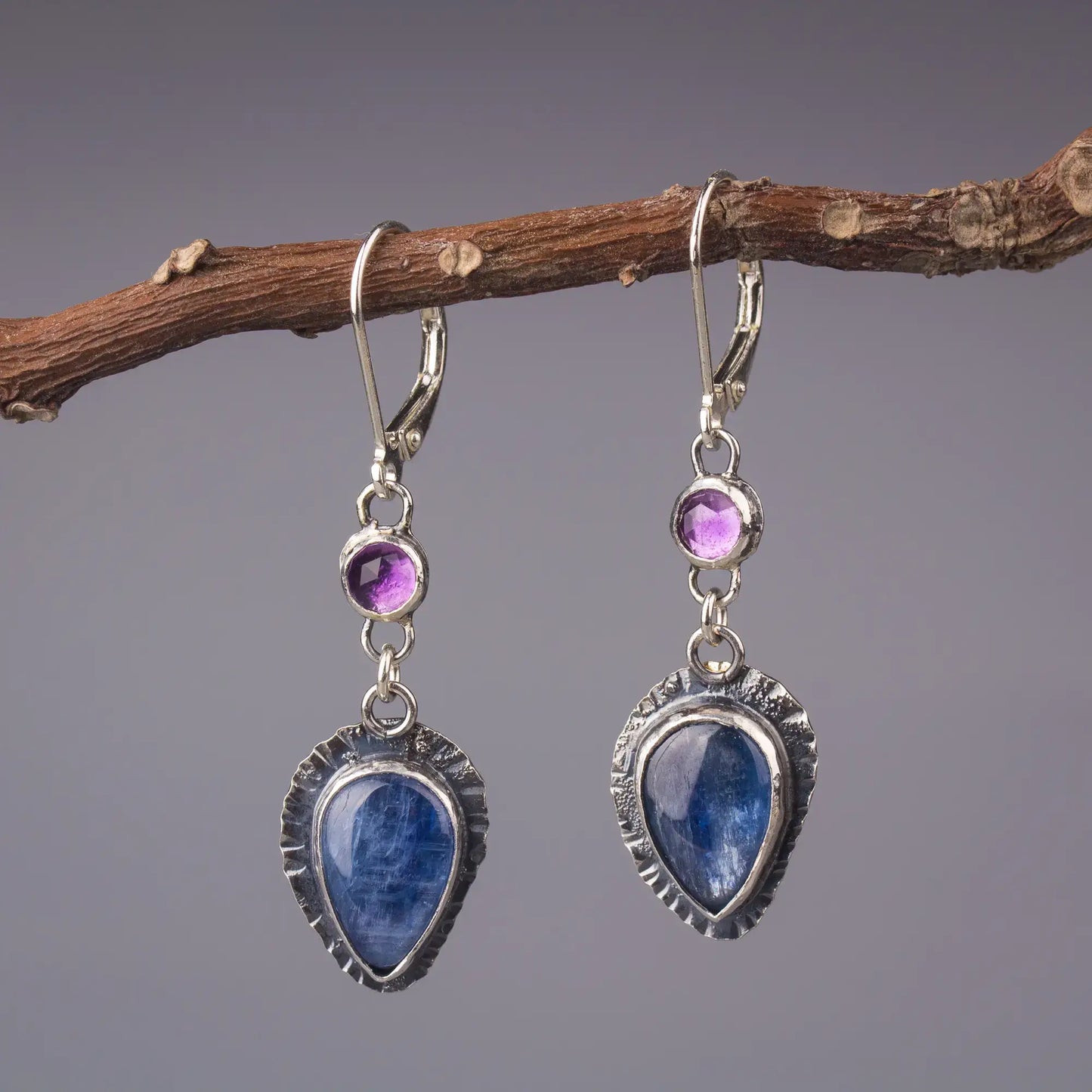 Kyanite and Amethyst Artisan Earrings in Sterling Silver