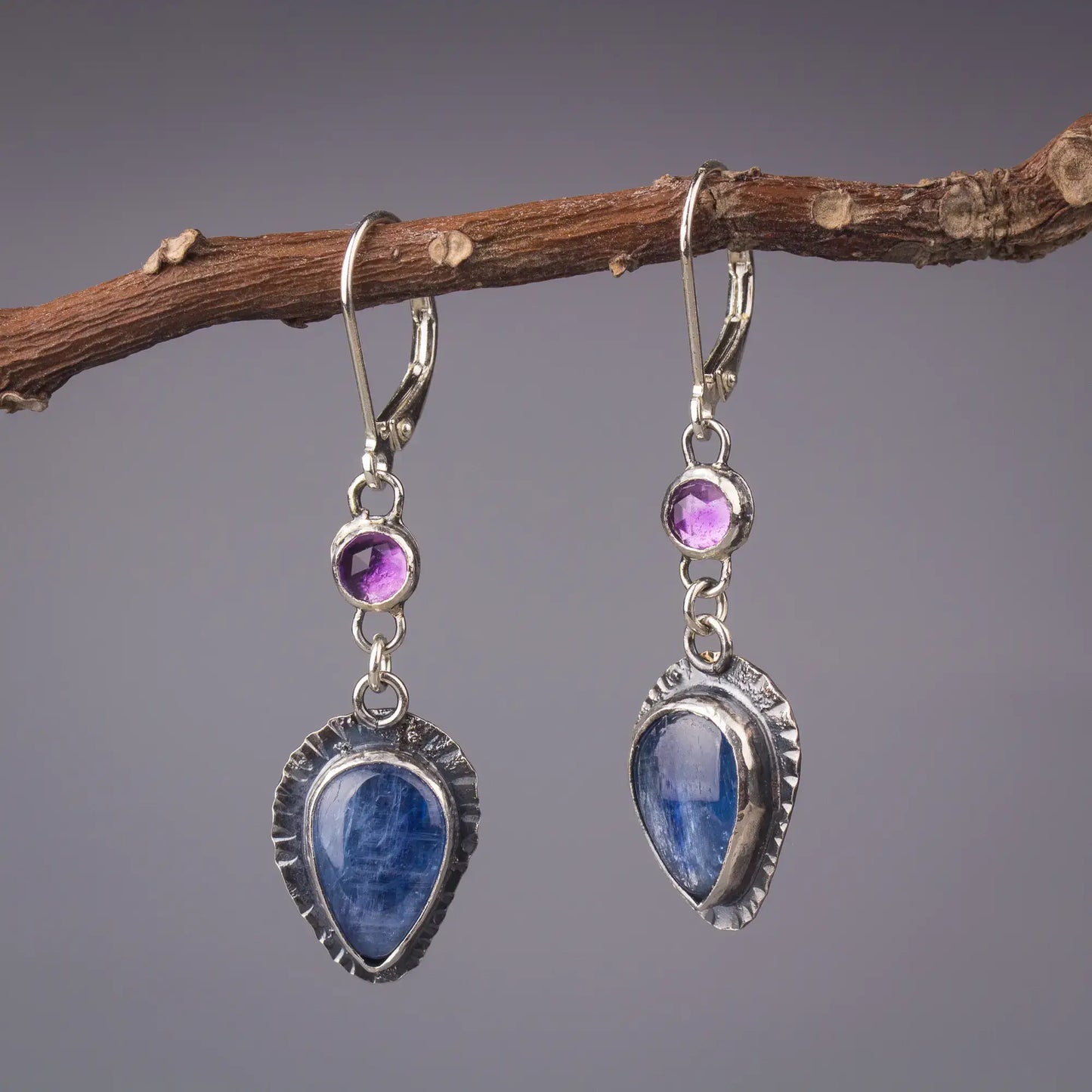 Kyanite and Amethyst Artisan Earrings in Sterling Silver