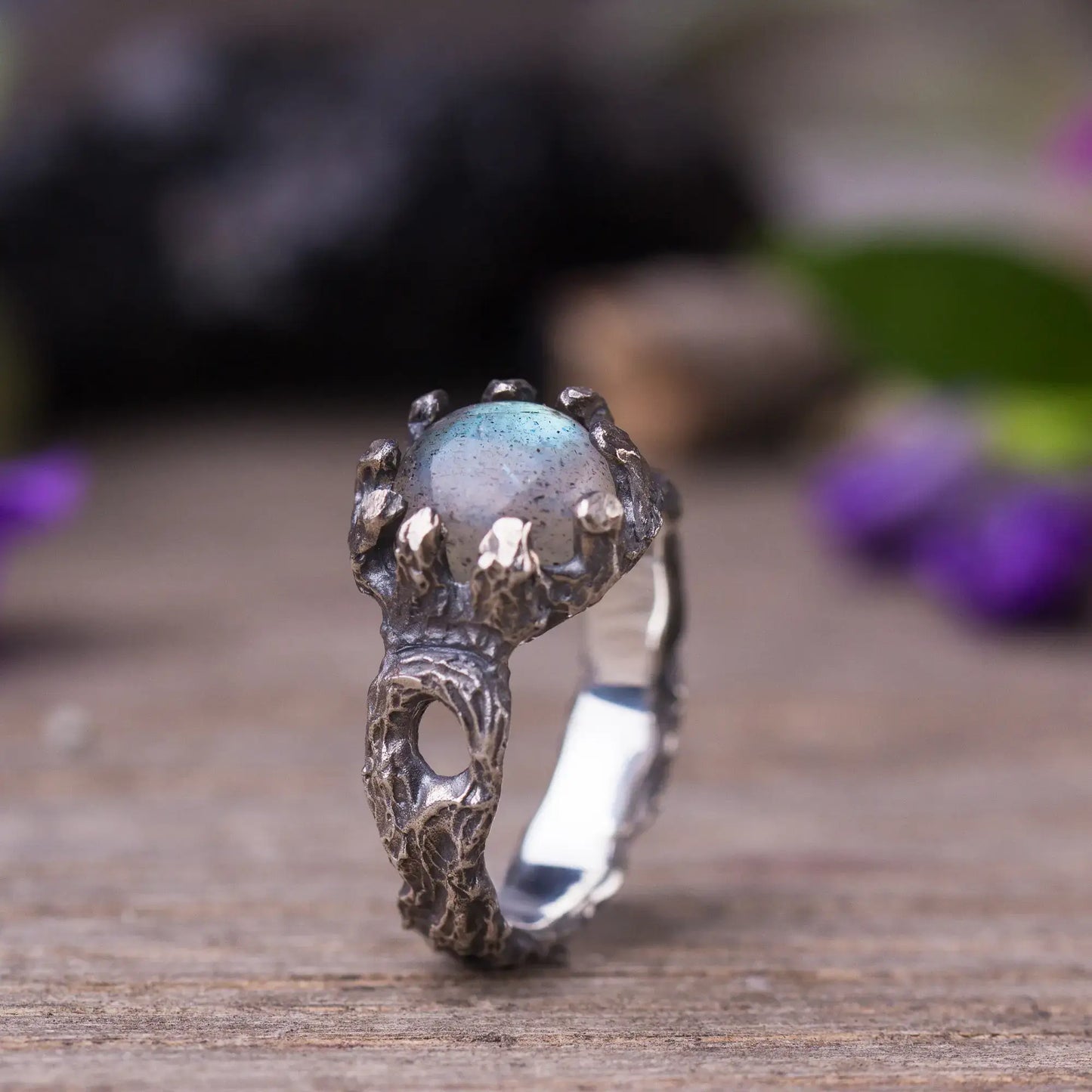 Handcrafted labradorite twig ring in sterling silver with a magical green witch style, inspired by nature, featuring intricate branch details.