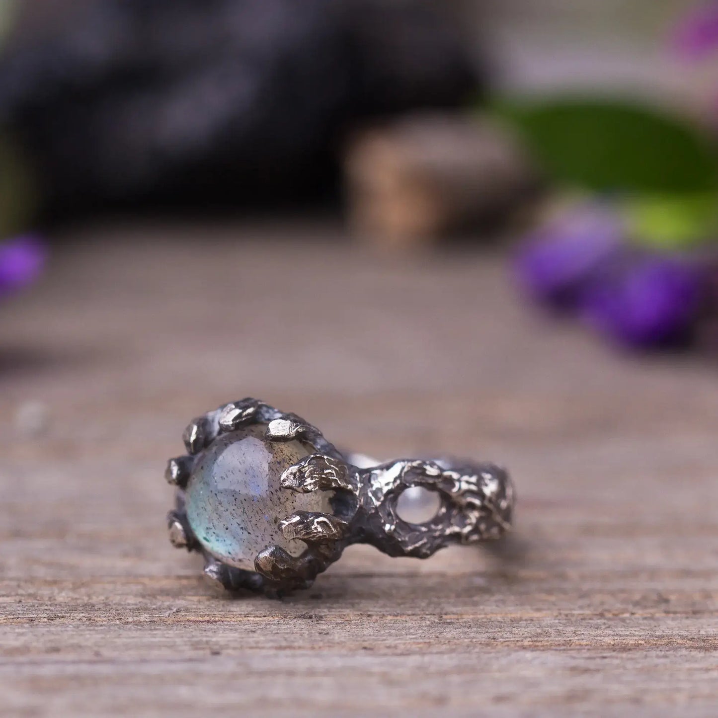 Labradorite twig ring in sterling silver with rough cut gemstone, green witch style, magical forest-inspired nature witch jewelry.