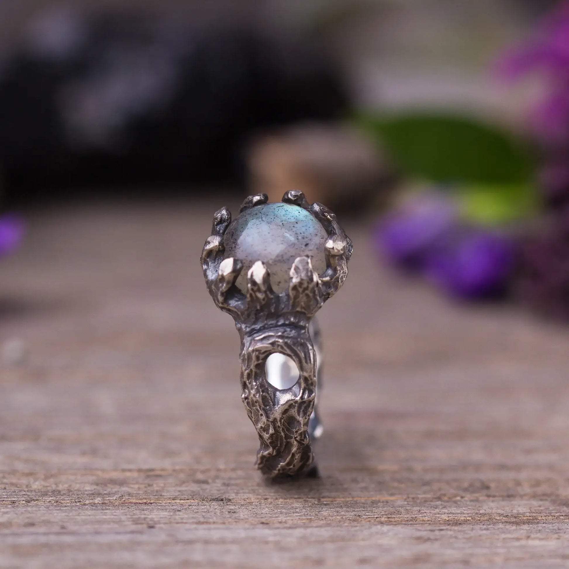 Labradorite twig ring in sterling silver with green witch style, magical forest-inspired jewelry featuring a rough cut gemstone.