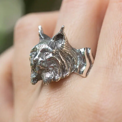 Lynx Statement Ring, Sterling Silver Spirit Animal Jewelry, Woodland Wild Cat Ring