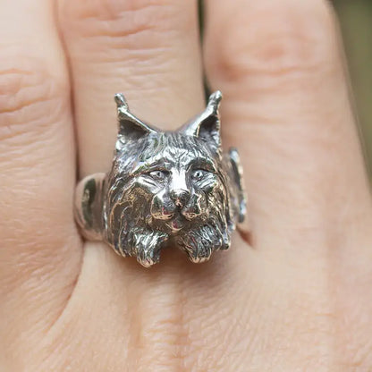 Lynx Statement Ring, Sterling Silver Spirit Animal Jewelry, Woodland Wild Cat Ring