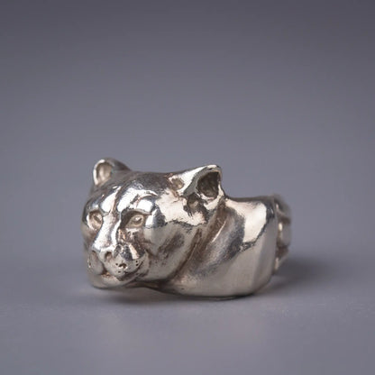 Sterling silver handcrafted Mountain Lion Cougar Ring, symbolizing strength and courage, a unique wildlife spirit animal jewelry piece.