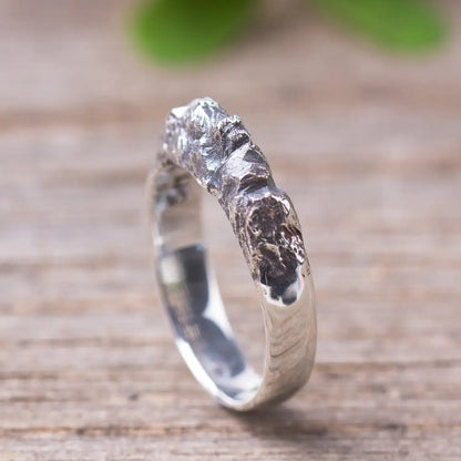 Sterling silver mountain range ring with organic rock texture, perfect for women who love nature-inspired jewelry.