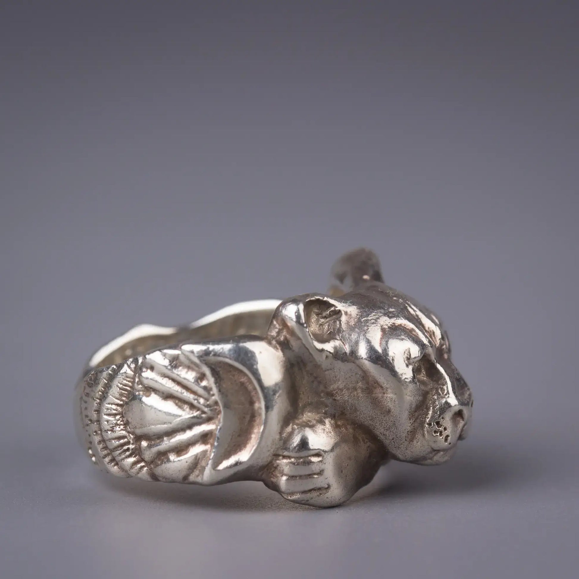 Handcrafted sterling silver mountain lion cougar ring, spirit animal wildlife jewelry symbolizing strength and courage.