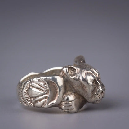 Handcrafted sterling silver mountain lion cougar ring, spirit animal wildlife jewelry symbolizing strength and courage.