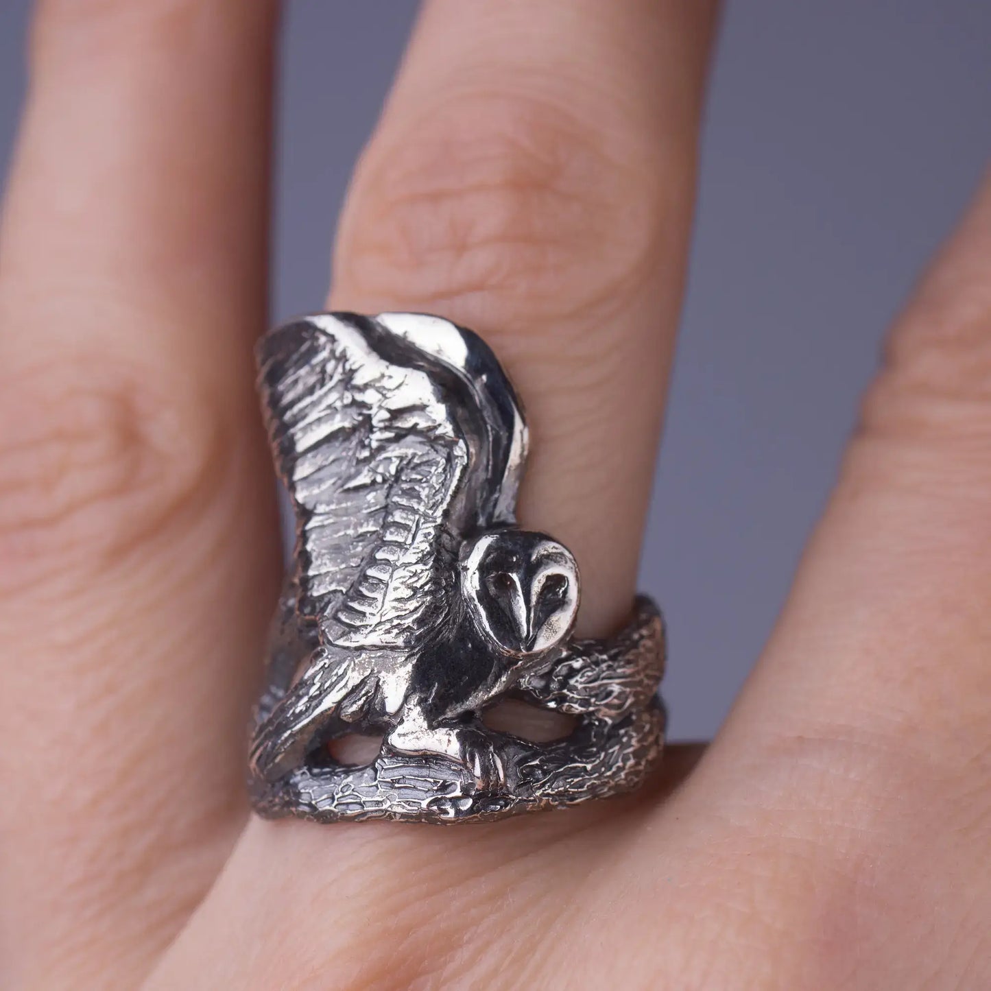 Barn Owl Ring in Sterling Silver, on the finger, large barn owl spreading wings and sitting on a tree branch