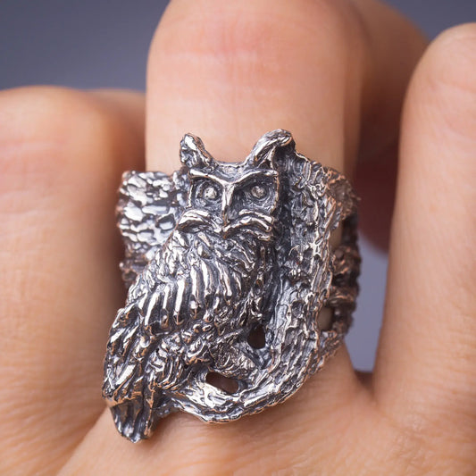 Owl Ring in Sterling Silver, Heavy Statement Forest Jewelry