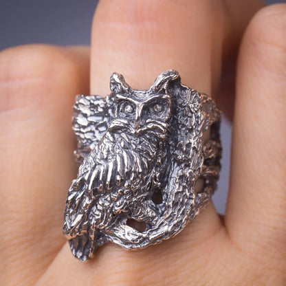 Owl Ring in Sterling Silver, Heavy Statement Forest Jewelry, Gift for Owl Lovers