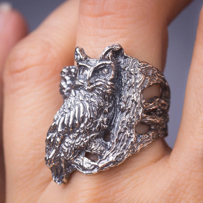 Owl Ring in Sterling Silver, Heavy Statement Forest Jewelry, Gift for Owl Lovers