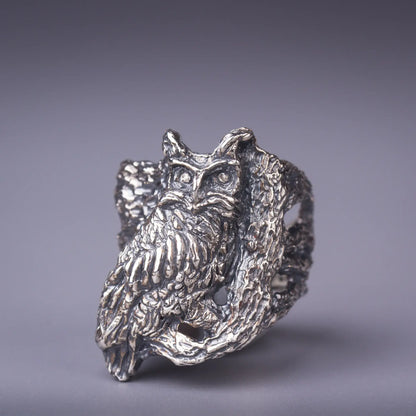 Owl Ring in Sterling Silver, Heavy Statement Forest Jewelry, Gift for Owl Lovers