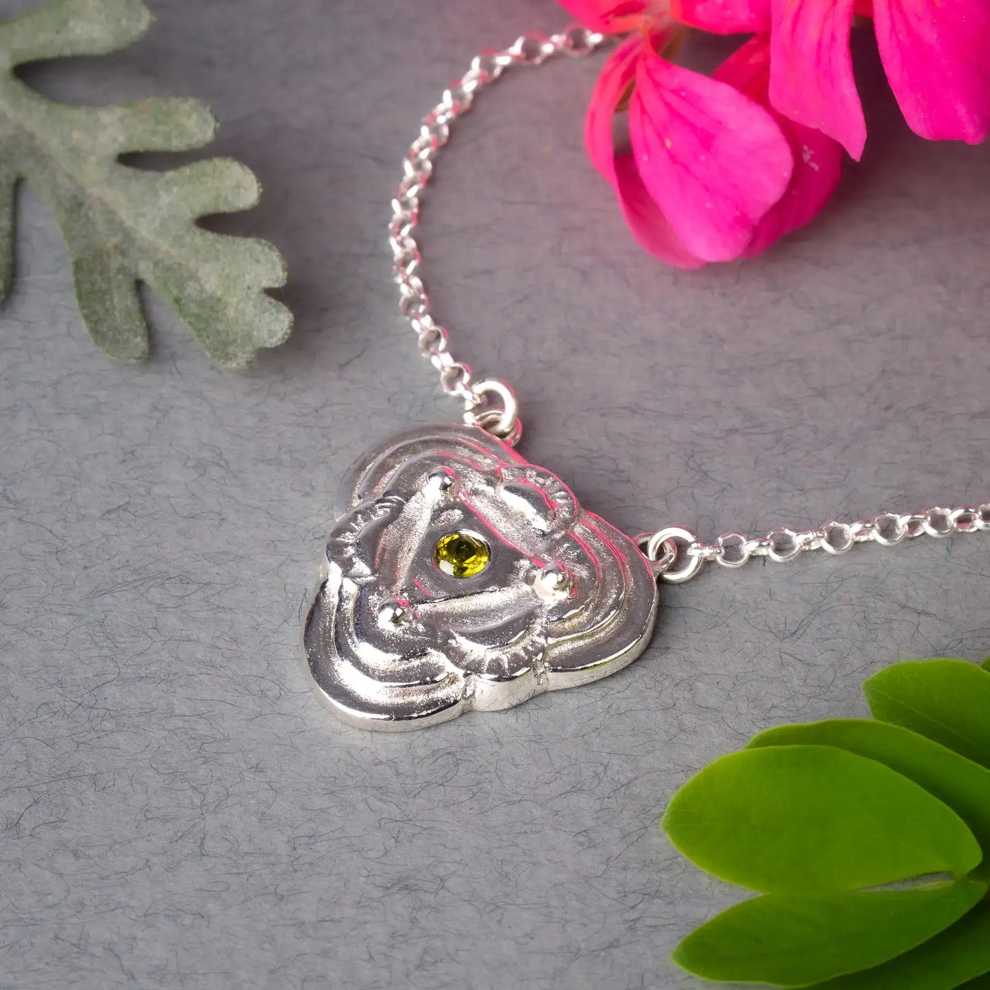 Triangle Mandala Pendant in Silver and Green Tourmaline, Balance and Stability Jewelry Gift