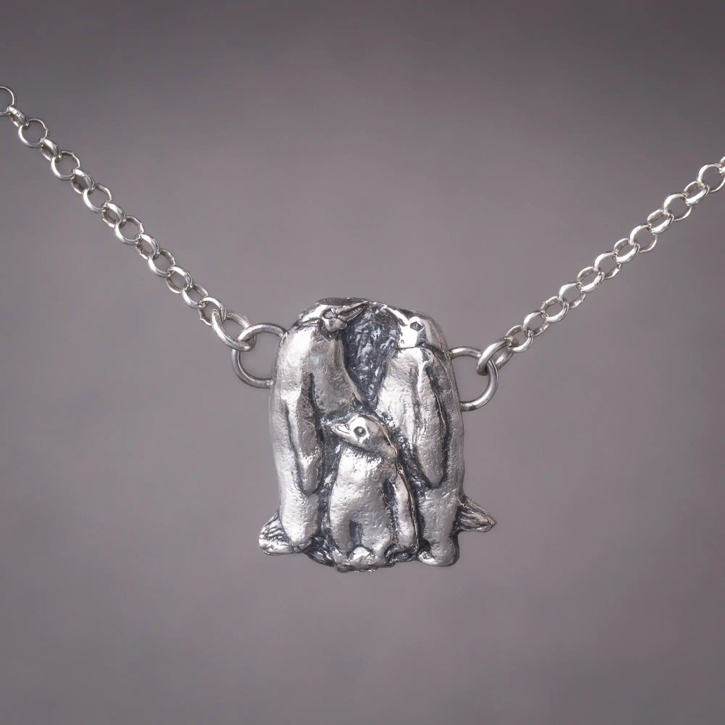 Penguin Family Pendant in Silver, Handcrafted Penguins Necklace