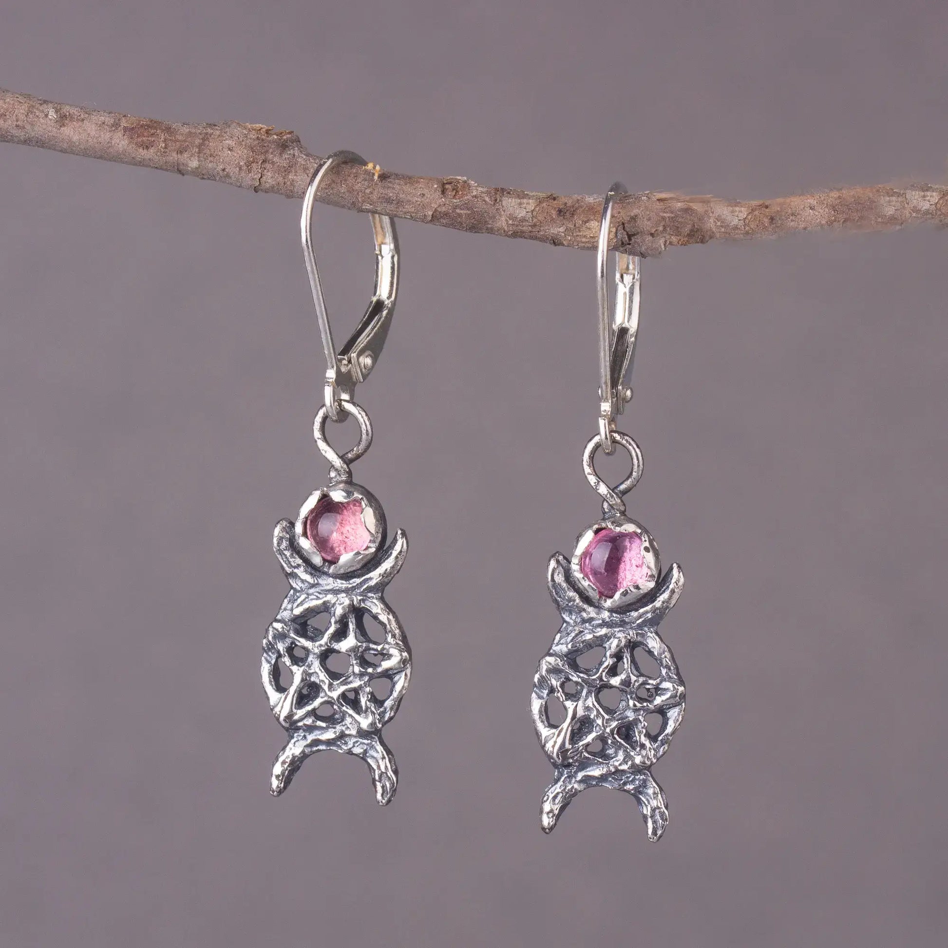 Triple Moon Silver Earrings With Pink Tourmaline, Dainty Moon Phase Pentagram Earrings