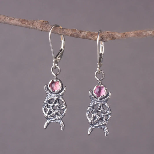 Triple Moon Silver Earrings With Pink Tourmaline, Dainty Moon Phase Pentagram Earrings