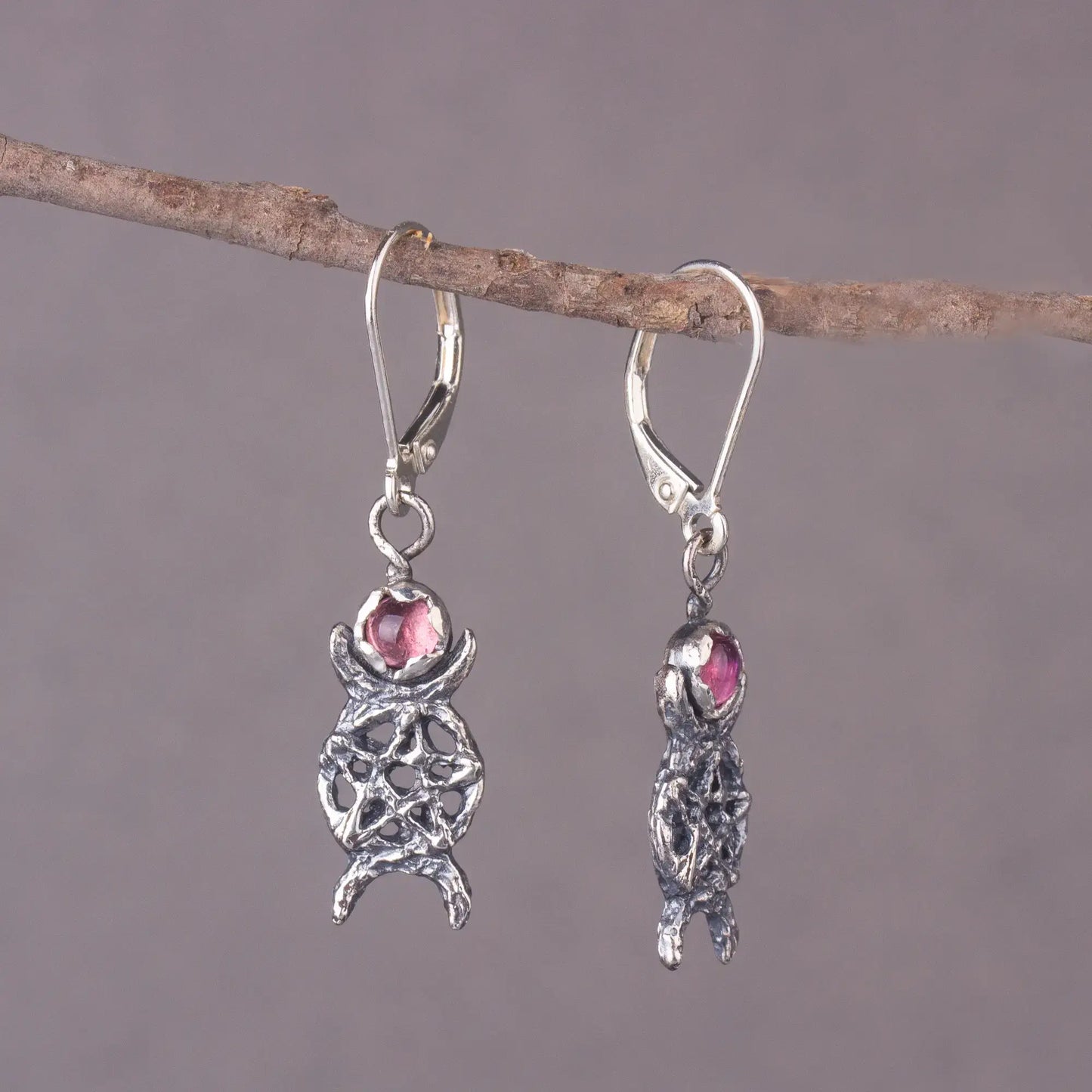 Triple Moon Silver Earrings With Pink Tourmaline, Dainty Moon Phase Pentagram Earrings