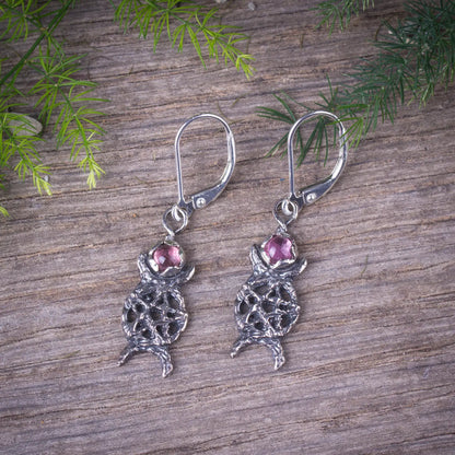 Triple Moon Silver Earrings With Pink Tourmaline, Dainty Moon Phase Pentagram Earrings