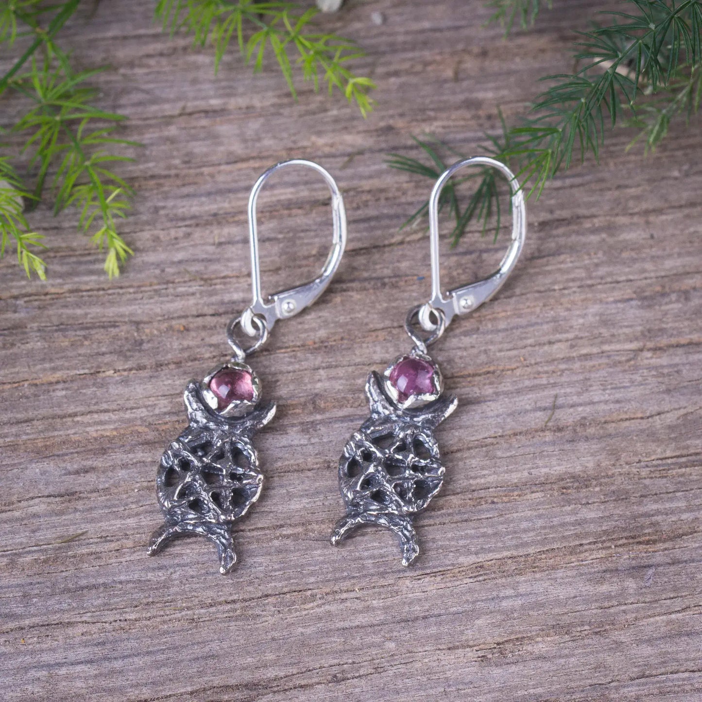 Triple Moon Silver Earrings With Pink Tourmaline, Dainty Moon Phase Pentagram Earrings