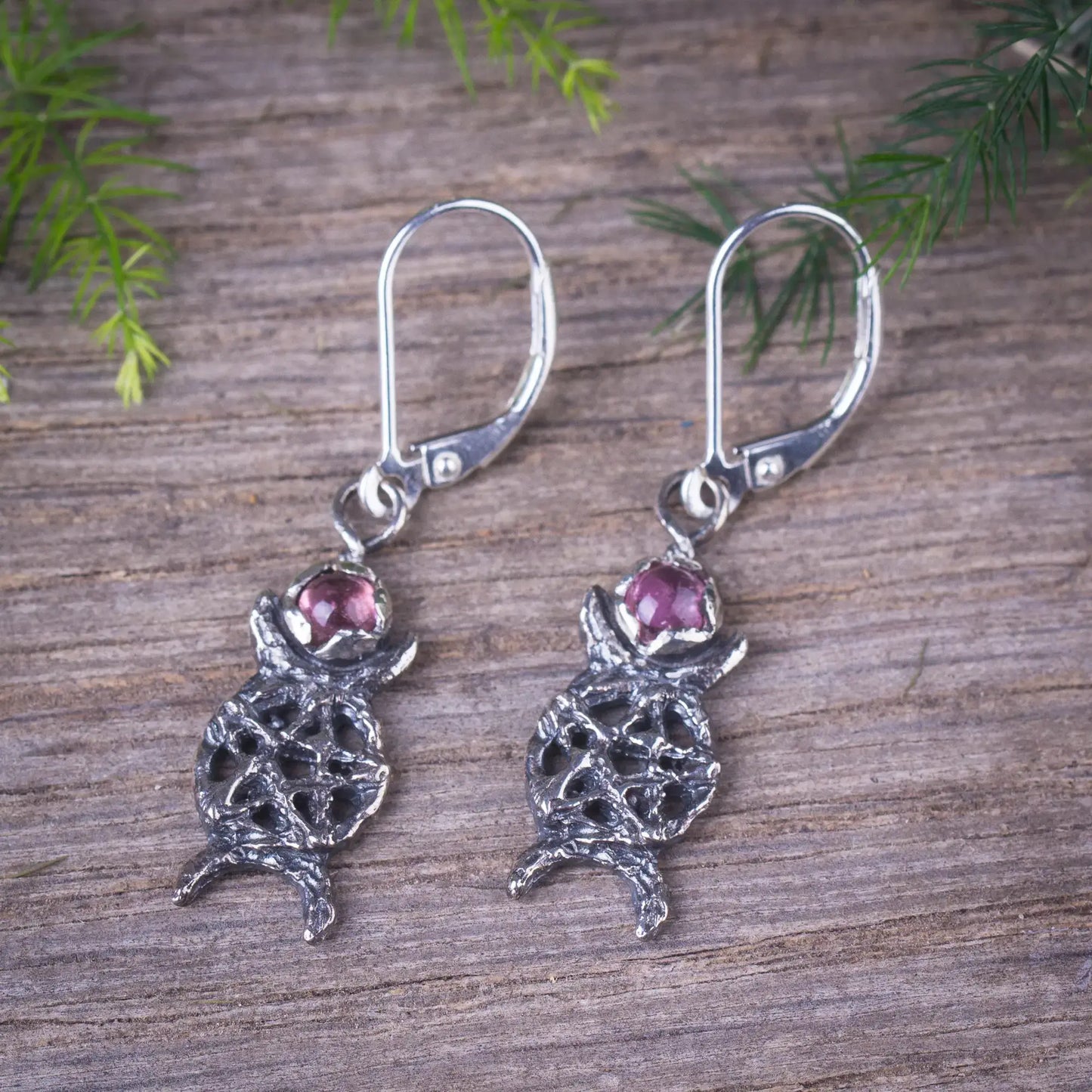 Triple Moon Silver Earrings With Pink Tourmaline, Dainty Moon Phase Pentagram Earrings