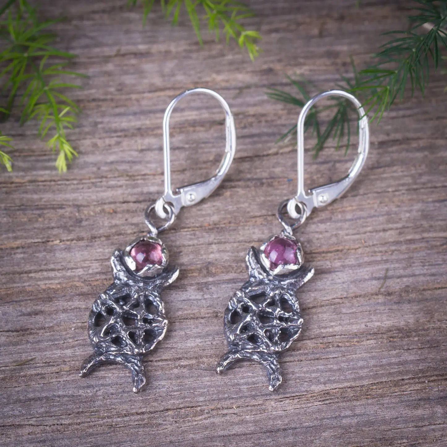 Triple Moon Silver Earrings With Pink Tourmaline, Dainty Moon Phase Pentagram Earrings