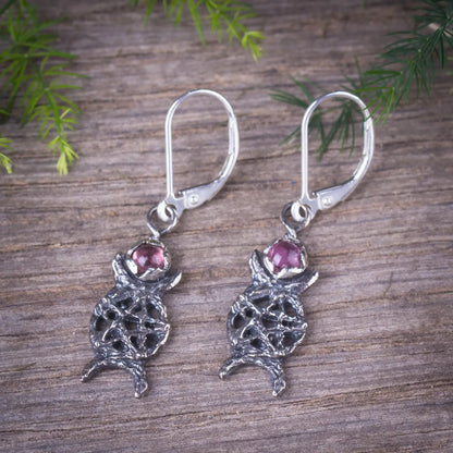 Triple Moon Silver Earrings With Pink Tourmaline, Dainty Moon Phase Pentagram Earrings