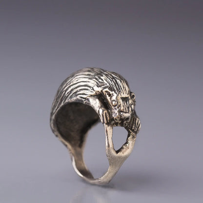 Porcupine Sculpted Silver Ring, Wild Animal Totem Artisan Ring