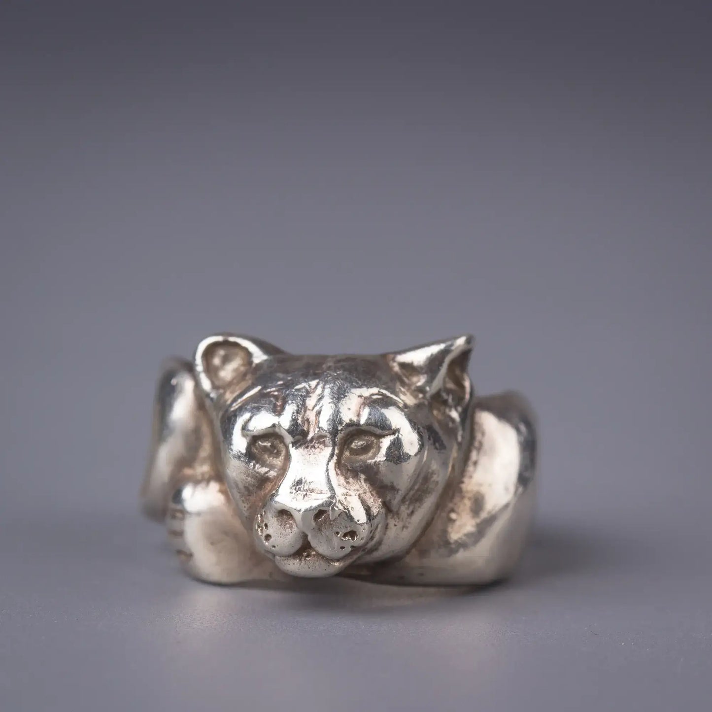 Sterling silver handcrafted Mountain Lion Cougar spirit animal ring, wildlife jewelry symbolizing strength and courage.