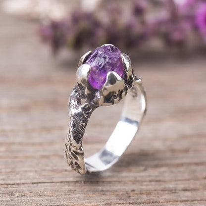 Raw Amethyst Sterling Silver Twig Ring, Witchy Woodland Jewelry