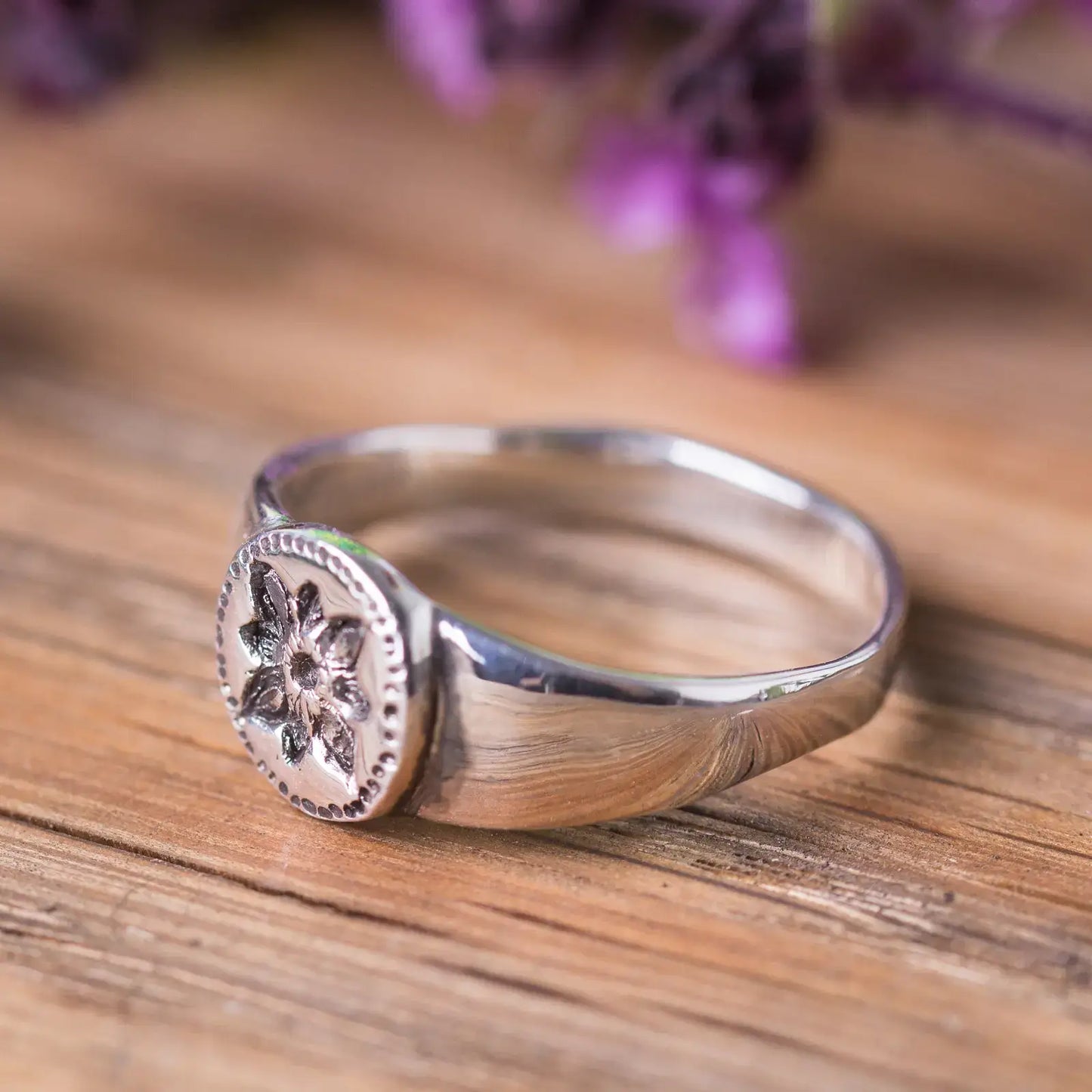 Signet Flower Ring in Sterling Silver, Ancient Style Ring