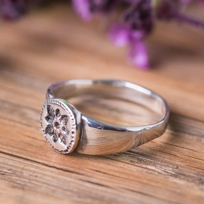 Signet Flower Ring in Sterling Silver, Ancient Style Ring