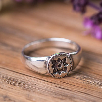 Signet Flower Ring in Sterling Silver, Ancient Style Ring