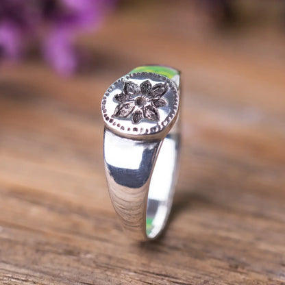 Signet Flower Ring in Sterling Silver, Ancient Style Ring