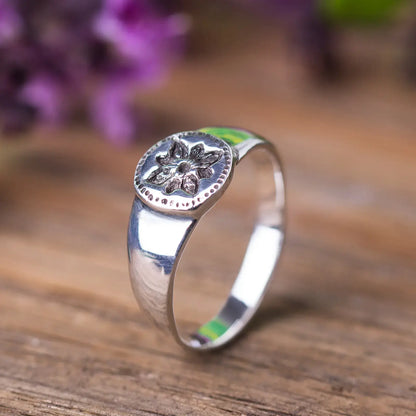 Signet Flower Ring in Sterling Silver, Ancient Style Ring