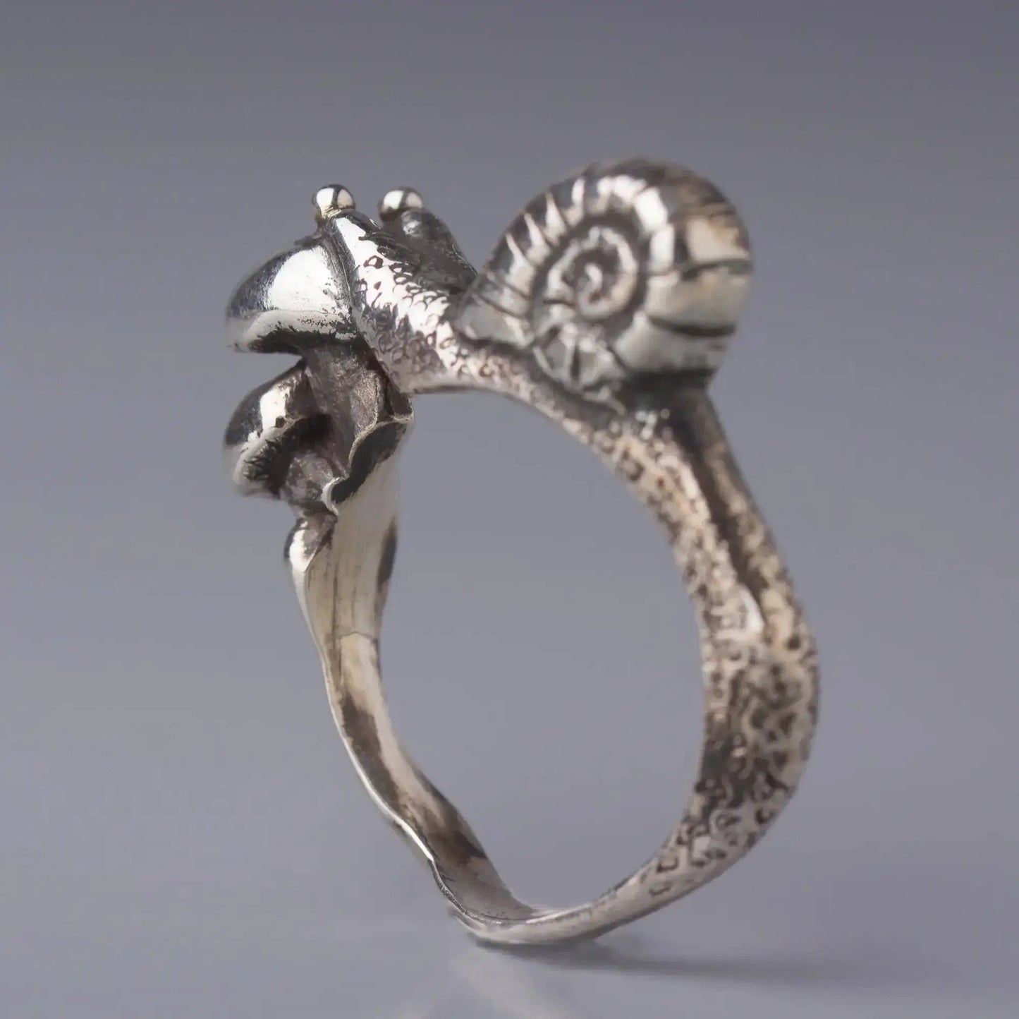 Sterling silver snail and mushroom ring, nature design woodland jewelry, cute animal ring crafted with lost wax technique.