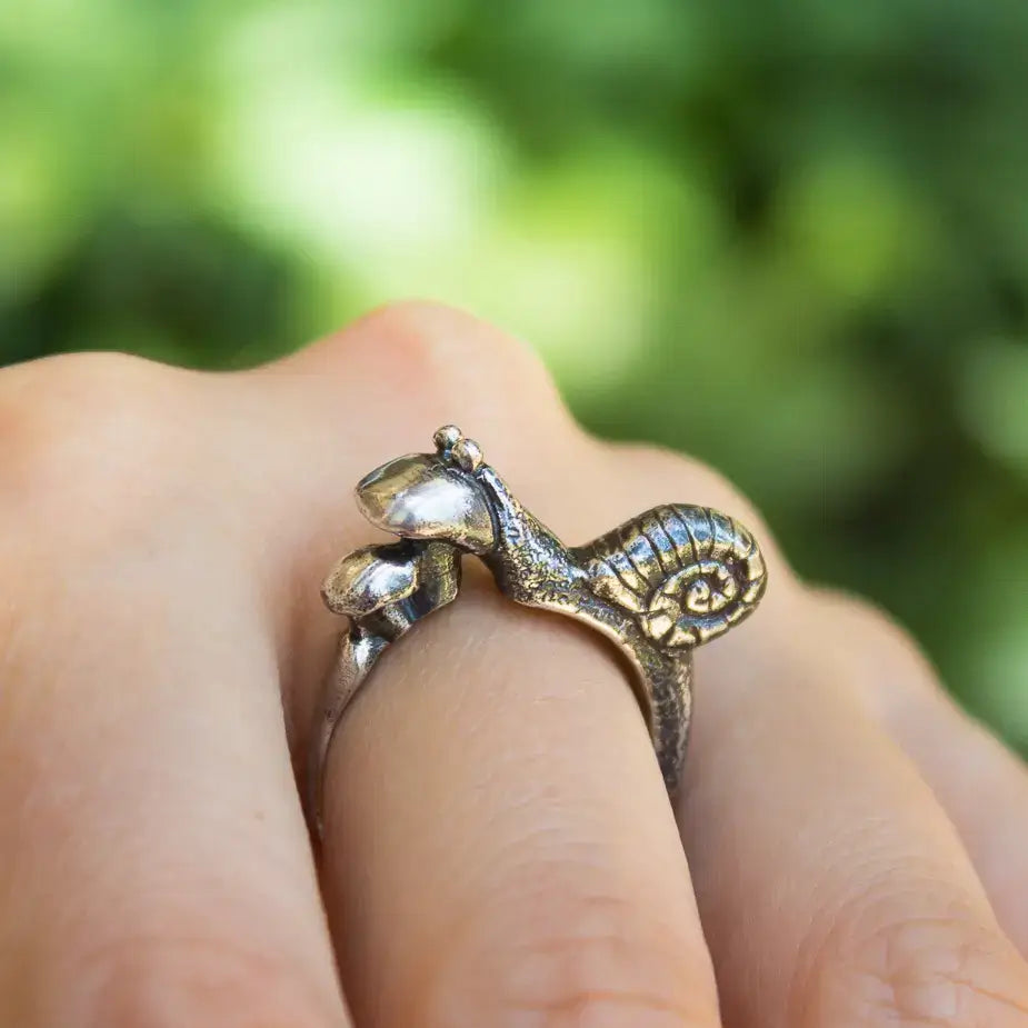 Sterling silver snail and mushroom ring with nature design on hand, cute woodland jewelry piece, hand crafted ring