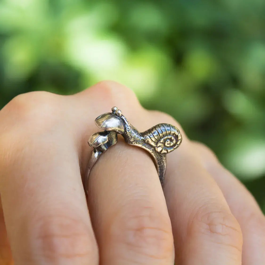 Silver snail and mushroom ring with nature design, woodland jewelry, cute animal sterling silver ring on finger.