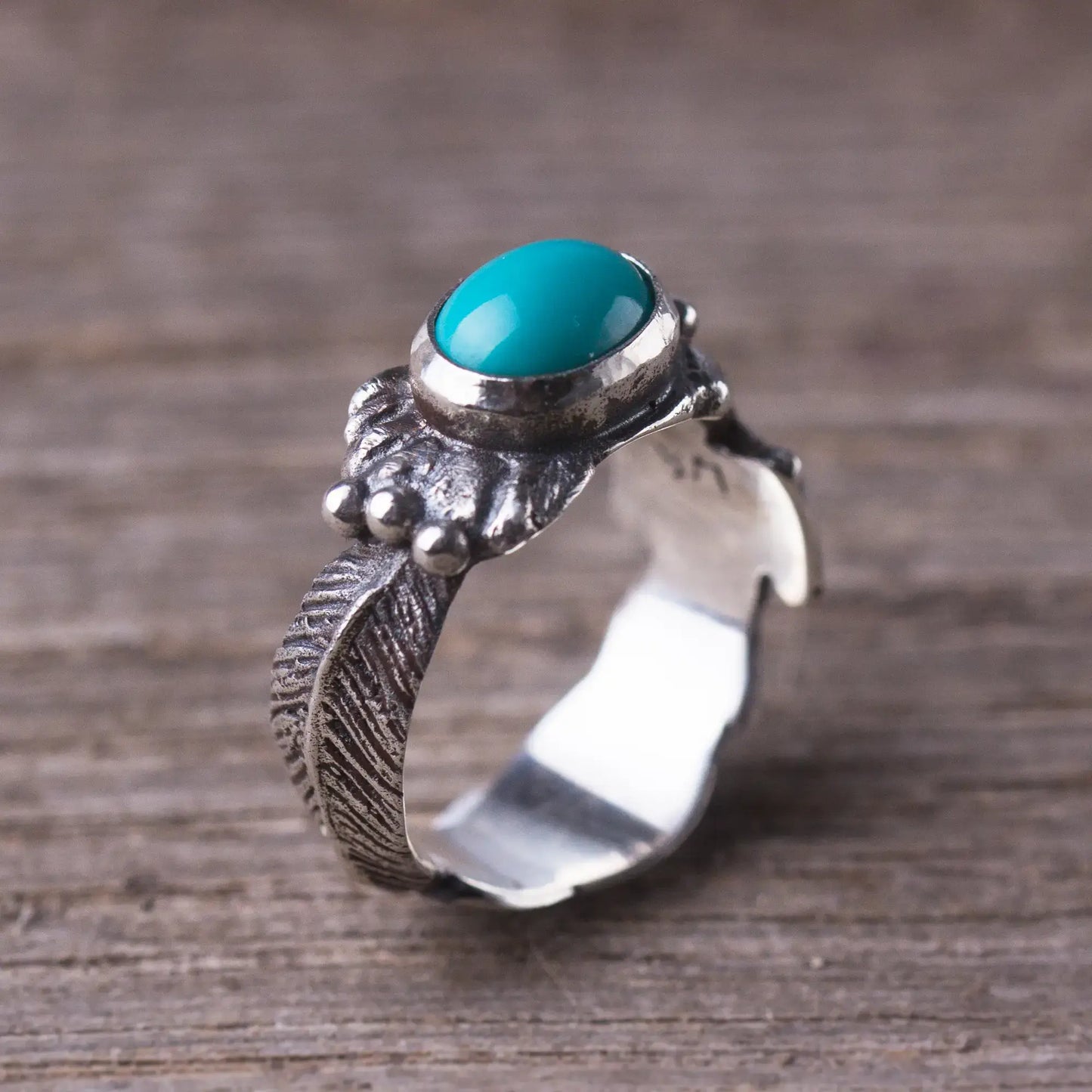 Thunderbird Turquoise Sterling Silver Ring, Southwestern Feather Design