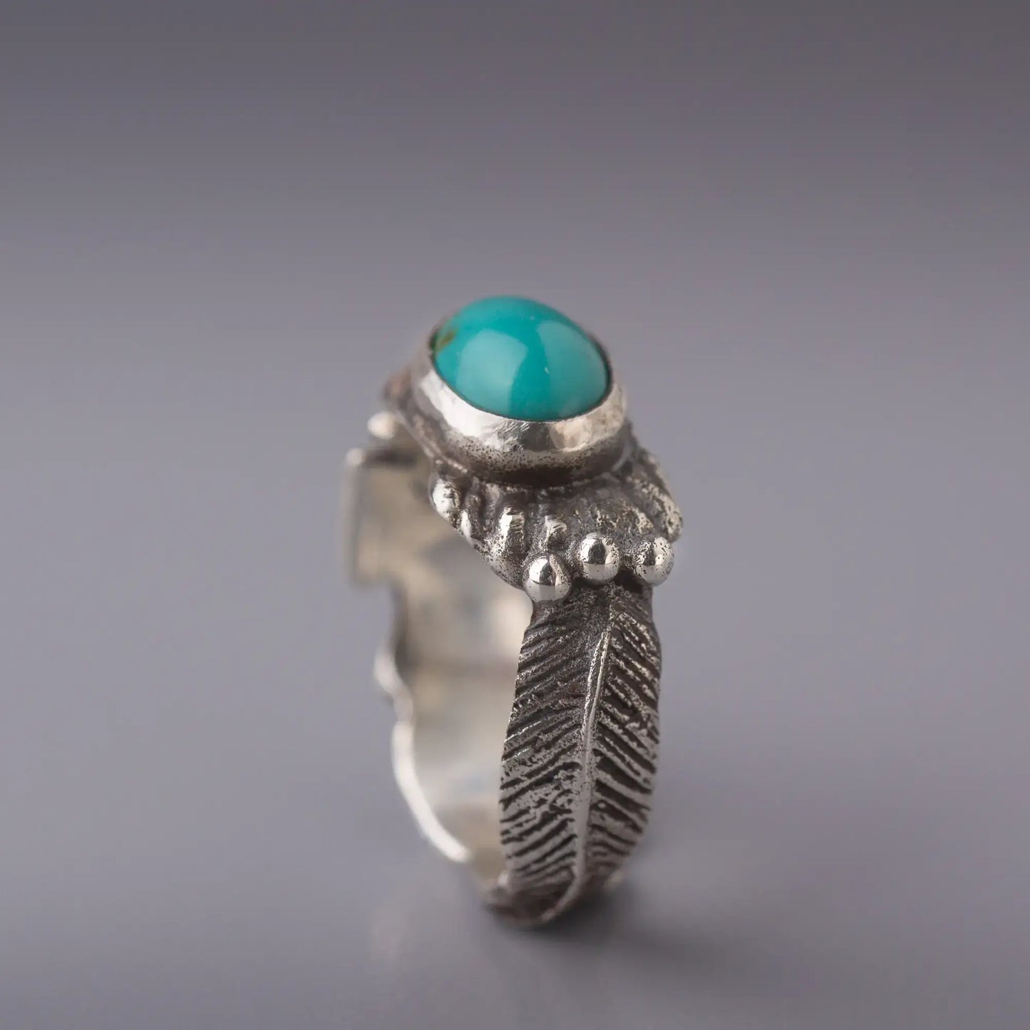 Thunderbird Turquoise Sterling Silver Ring, Southwestern Feather Design